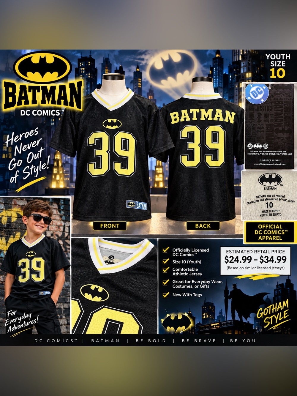 DC Comics Batman #39 Boys Jersey Size 10 Black Yellow NWT